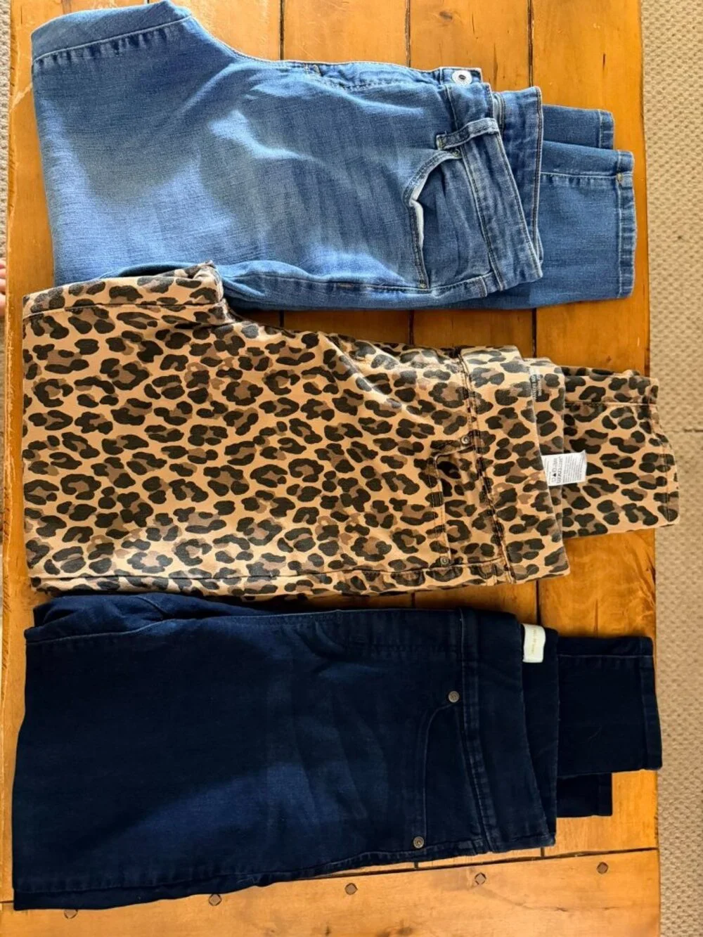 Set Of 3 Womens Pants: Light Blue Dark Blue & Leopard Print Denim Size 14 Cotton